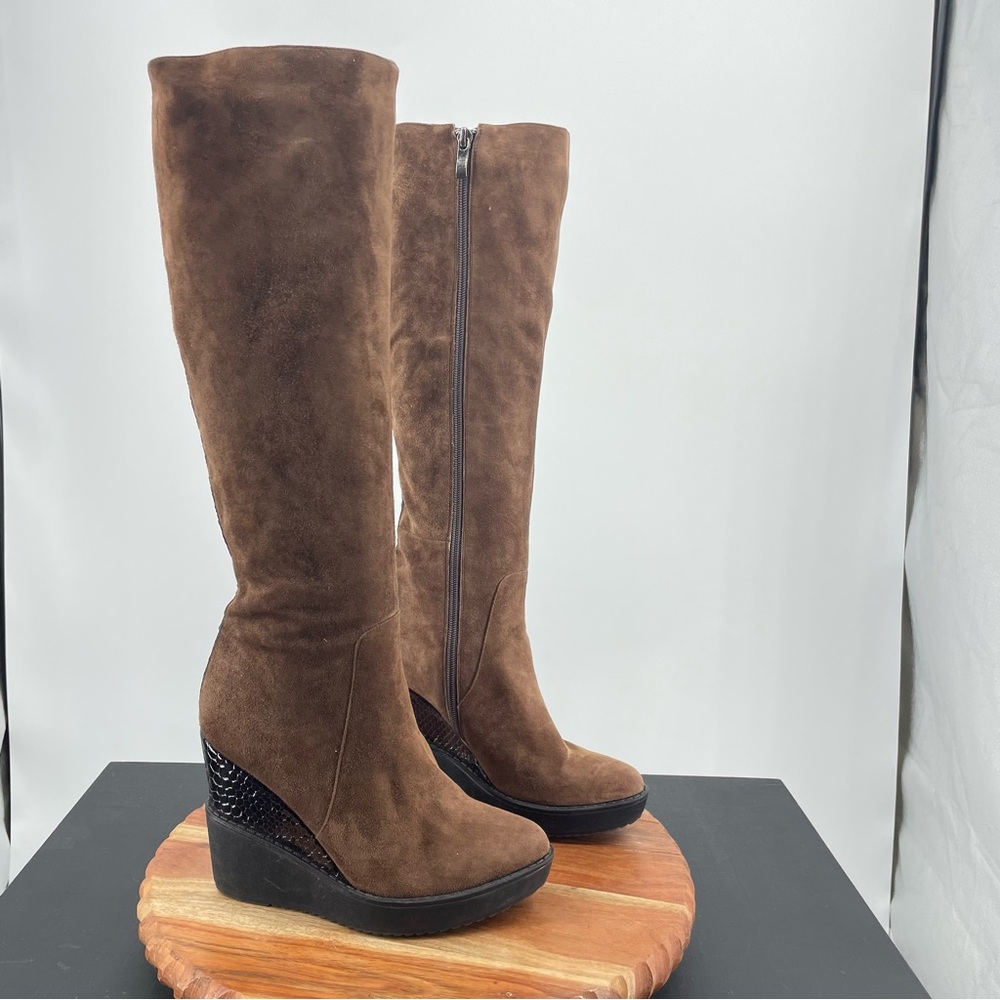 Scala Tall suede brown wedge boots Sz 35 US 5 over the knee fall winter